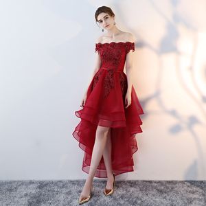 2019 Hoge Low Prom Dresses Red Tulle Off The Shoulder Beaded Lace Applicaties Tiered Hi Lo Avond Feestjurken Formele Wear Corset Back