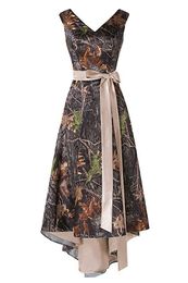 2019 hoge lage v-hals camo prom jurken met een lijn mouwloze formele jurken plus size avond bruidsmeisje slijtage feestjurk qc1341