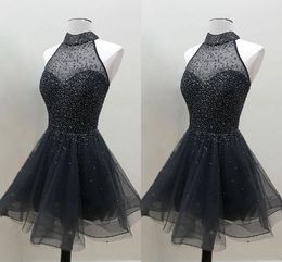 2019 hoge hals homecoming jurken a-lijn kralen kristal pailletten pure nek cap mouw korte prom jurk goedkope zwarte jurk open rugjurken