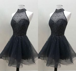 2019 hoge hals homecoming jurken a-lijn kralen kristal pailletten pure nek cap mouw korte prom jurk goedkope zwarte jurk open rugjurken