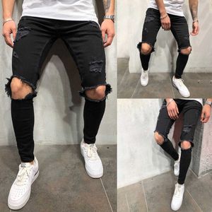 2019 high street heren knie doorboorde jeans rits jeugd slanke elastische leggings J