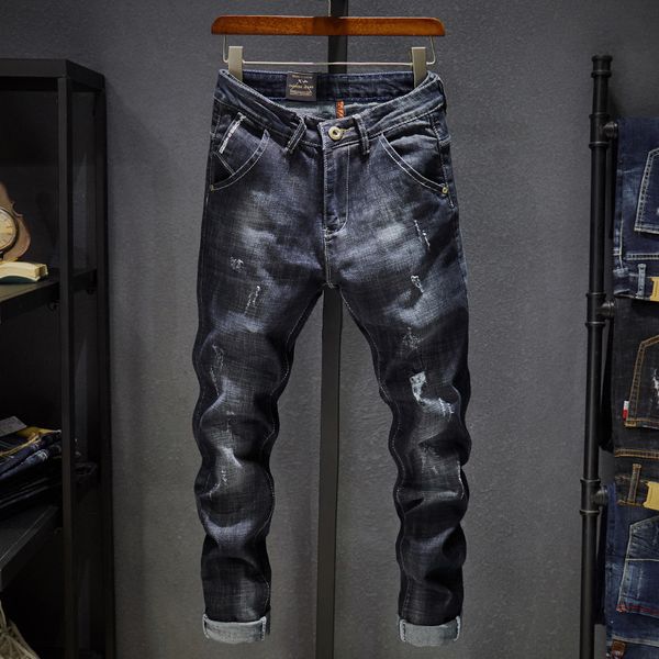2019 Hip Hop primavera otoño rasgado para hombres algodón sólido longitud completa Color negro medio venta Top moda Jeans para hombres marca Robin