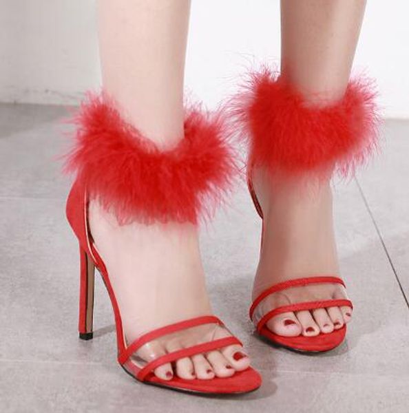 2019 Hot Fashion Plume Transparent PVC Sandales À Talons Hauts Fluffy Zipper Sexy Sandales Club Party Chaussures À Talons Hauts