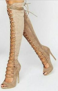 2019 Hot Khaki Flock Dij High Boots Stiletto Peep Toe Over-The-Knee Laarzen Sexy Cut-outs Dames Schoenen