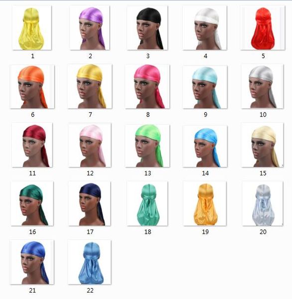 2019 Vente chaude 22 sélection de couleurs Hommes Satin Durags Bandana Turban Perruques Hommes Soyeux Durag Chapeaux Bandeau Pirate Chapeau Accessoires De Cheveux