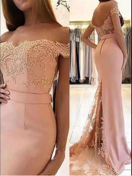 2022 Peach Pink Lace Evening Prom Robes Sirène hors l'épaule Broidered Special Occase Dress Girls Formal Party Robes