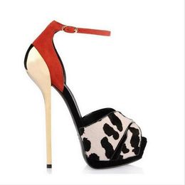 2019 Hot Sales Luxe Hoge Hakken Leopard Print Merk Sandaal Sexy Open-Teen Heel Schoenen Mode Enkelriem 14cm Hak Vrouw Pumps Party Schoenen