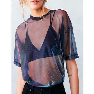 2019 femmes chaudes été maille pure Punk T-shirt holographique à manches courtes Transparent brillant Club t-shirt