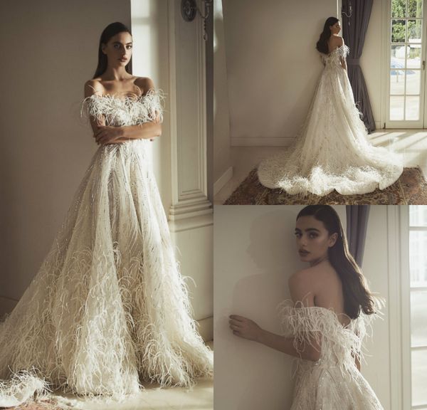 2019 Idan Cohen robes de mariée en plumes sur l'épaule une ligne balayage train paillettes robe de mariée bohème sur mesure robes de mariée de luxe