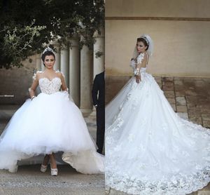 2022 Illusion Robe de mariée en dentelle à manches longues Robe de mariée 3D-Floral Appliques Sweetheart Tulle Puffy Robe de mariée dos nu avec train