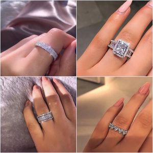 2019 INS Vente Chaude De Luxe Bijoux Réel 925 En Argent Sterling Pave Blanc Saphir CZ Diamant Pierres Précieuses Promise Femmes De Mariage Bague De Fiançailles