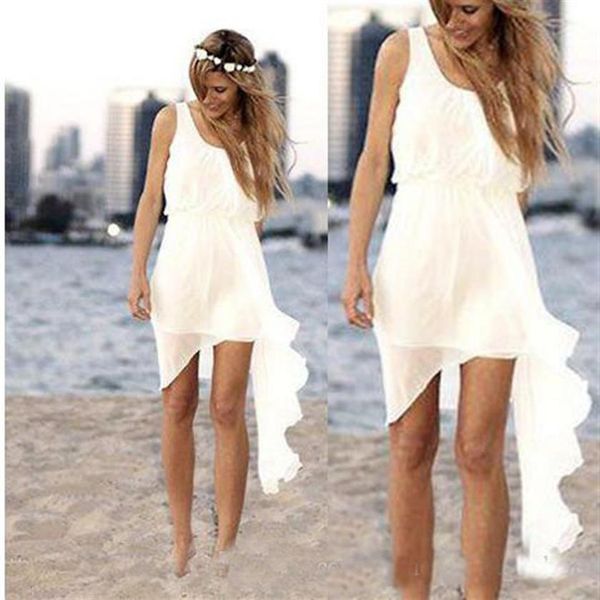 2019 Ivory Chiffon Vestidos de novia de playa cortos y baratos Diseño asimétrico simple Scoop Neck Vestidos de novia Summer Casual Skirt323q