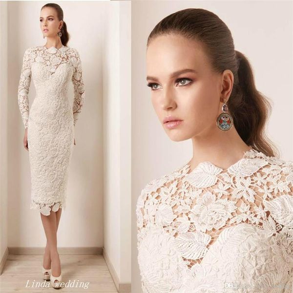 2019 robes de mariée gaine ivoire avec manches longues Vintage dentelle robes de soirée de mariée grande taille vestidos de novia339z