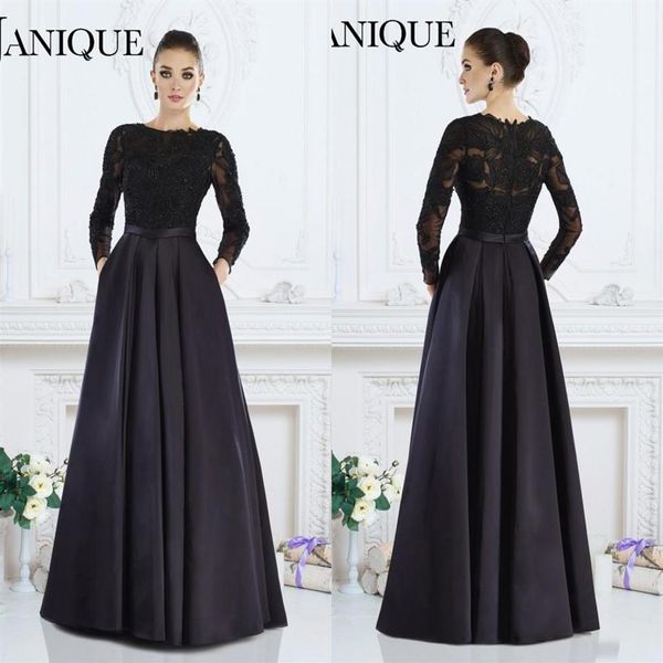 2019 Janique Negro Mangas largas Vestidos formales A-Line Joya Encaje Con cuentas Madre de la novia Vestidos por encargo Mujer Noche Wear332f