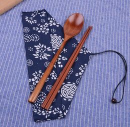 2019 Japanse houten eetstokjes en lepel met doek tas draagbare servies set bruiloft gunsten partij return gift SN3672