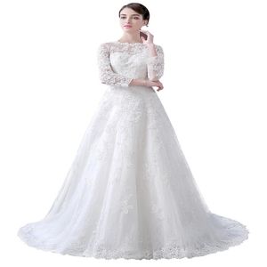 2019 Jewel Neck A-ligne Chapel Train Robes De Mariée 3 4 Manches Longues En Dentelle Appliques Robes De Mariée Bouton Sheer Dos Robe De Nov305T