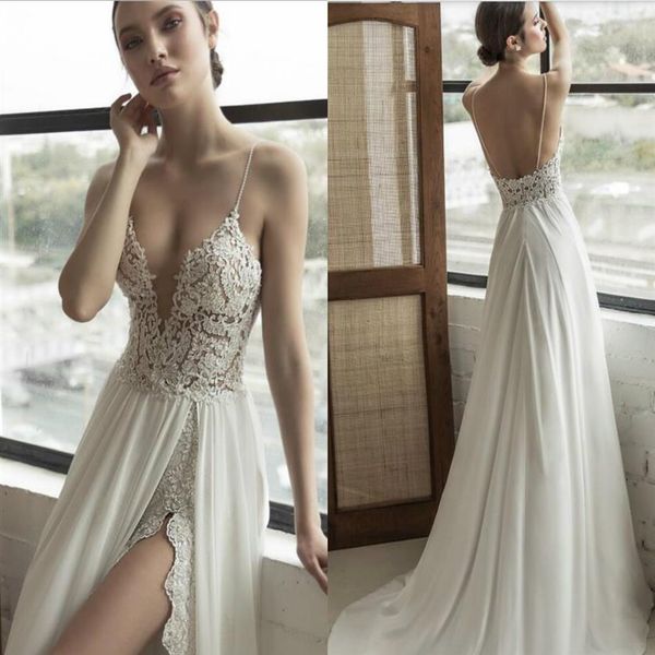 2019 Julie Vino Plage Robes De Mariée Côté Split Spaghetti Balayage Train Dentelle Applique Sexy Boho Robe De Mariée Plus La Taille abiti da spo2740