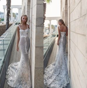 2019 Julie Vino Sirena Vestidos de novia Apliques de encaje de espagueti Vestidos de novia Sin respaldo Tren de barrido Vestido de novia de playa personalizado