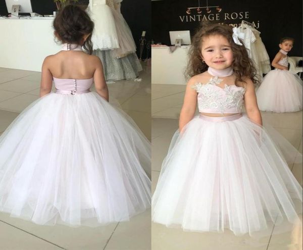 2019 junior enfants deux pièces robes de fille de fleur princesse une ligne licou cou dos nu filles enfant en bas âge tenue de soirée formelle robes de naissanceda5291419