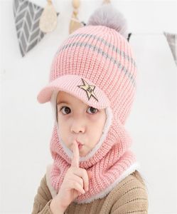 2019 Gebreide korte pluche sjaal met capuchon Kindermuts en sjaal Kind Winter Warme bescherming Oor Pom Pom Cap Sjaals Meisjes Jongen Accessoires M8126065