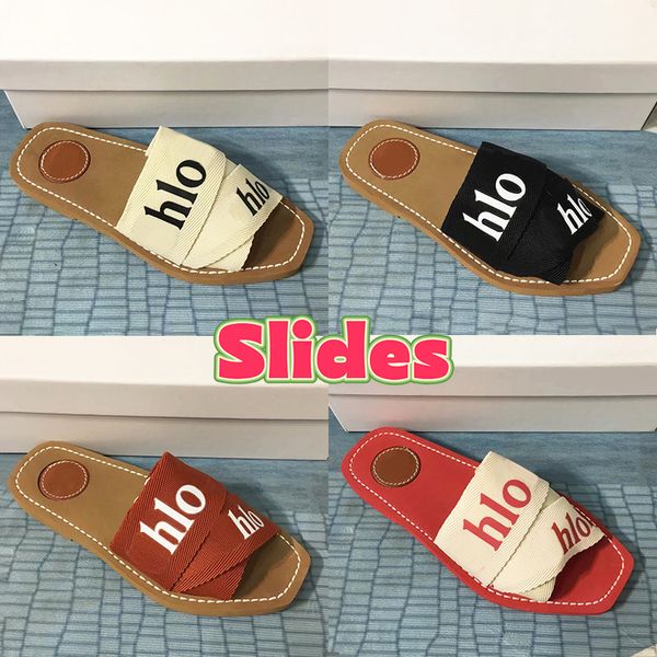 2023 Nuevas zapatillas de diseñador CHLO Woody Flat Mule Slide Sandalias paris zapatos de mujer vela burdeos negro blanco rosa malla bordada lino azul playa toboganes al aire libre