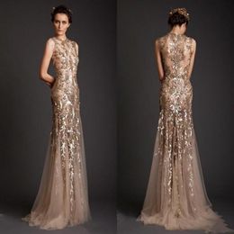 2019 Krikor Jabotian Robes De Soirée Or Sirène Forme Tulle Sheer Voir À Travers Appliques Robe De Bal Emboridery Longue Formelle Dubaï 324s