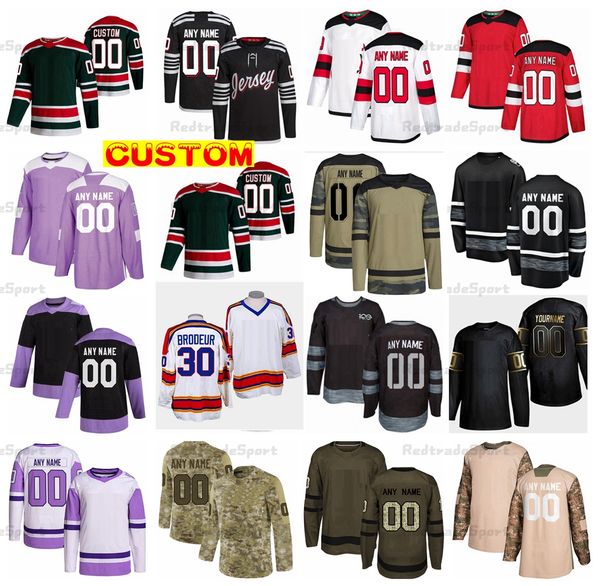 Maillots de hockey rétro inversés personnalisés 2022 Hischier Hughes Hamilton Brodeur Bratt Camo Fights Cancer Sharangovich Tatar Vanecek Timo Meier Dawson Mercer Haula Palat