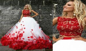 2019 Lace A Line Red and White Long Prom Dresses Two Pieces Bloemen Mouwloze Tule avondjurken Miss Beauty Pageant -jurken Plu9093554