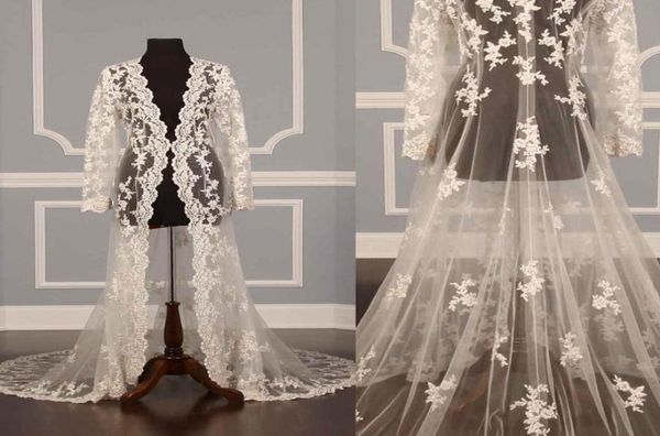 2019 dentelle vestes de mariée manches longues manteau de mariée balayage train capes de mariage enveloppes boléro veste robe de mariée enveloppes haussements d'épaules Sal3783227