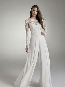 2022 Dentelle Manches Longues Combinaisons De Mariage Robes De Mariée Jewel Sheer Neck Creux Dos Applique Pantalon En Mousseline De Soie Robes De Mariée Réception Designer