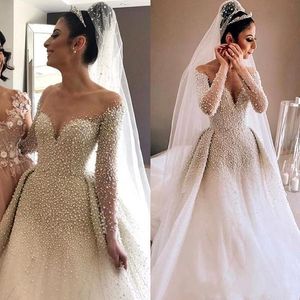 Vestidos de novia de corte A de tul, mangas largas transparentes árabes, perlas con cuentas, tren de corte acanalado, vestidos de novia de boda BC1543 2022