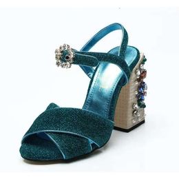 Verzending 2019 Gratis damesleer Diamant Pearl Chunky 10 cm Hoge Heel Peep-Toes Buckle Strap Sandals Shoes Cro 550