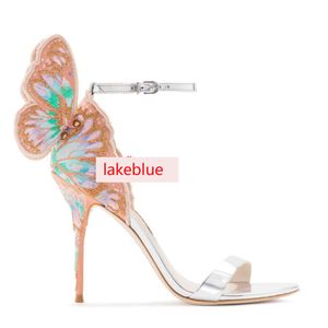 Gratis verzending 2019 dames lakleer 10cm hoge hak zilveren 3D-vlinder borduren sophia webster open teen sandalen kleurrijke schoenen 34-42