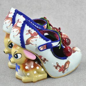 Gratis verzending 2019 dame 3D gekleurde tekeningen dier pop fawn herten 10cm hoge hakken ronde tenen vrouwen pompen mary janes schoen cherry 2 kleuren