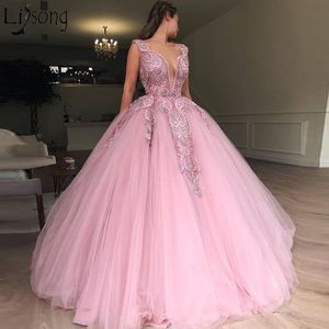 2019 dernières robes de bal de robe de bal en tulle rose col en v profond perles lourdes photos de fiançailles tapis rouge robe de soirée charmante tenue de soirée