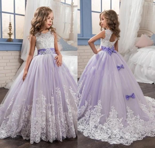 Nuevo vestido de bola de lavanda Vestidos para niñas de flores Apliques de encaje Cuentas Lentejuelas Cuello de joya Fajas de tul Vestido para niños Vestidos de primera comunión