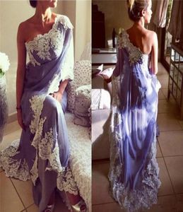 2019 Lavendel Saoedi -Arabische avondjurken One Shoulder Appliques Lace Chiffon Indian Dubai Women Formele avondjurken Sexy Long P9441325