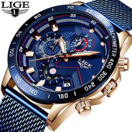 2019 LIGE Nouvelle montre décontractée pour hommes Date Quartz Montres Sport Chronographe Mode Bleu Maille Ceinture Montre Relojes Hombre325t