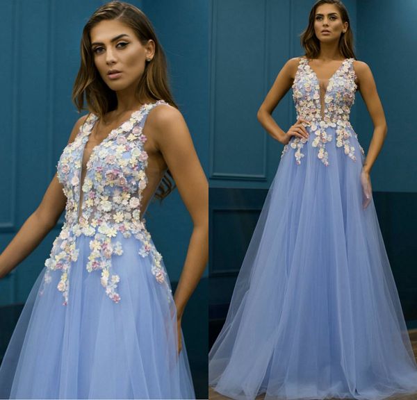2019 bleu clair une ligne robes de bal col en V 3D floral appliqué longueur de plancher pas cher robes de soirée sur mesure robe de soirée formelle invité