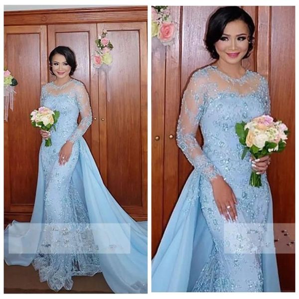 2019 Vestidos de noche de sirena de manga larga azul claro Vestidos de fiesta formales de encaje de dos piezas con falda desmontable Vestidos De Soiree Ara2461132