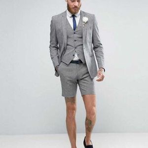 2019 lichtgrijs shorts zomer elegante heren pak (jas + broek + vest) Casual bruidegom smoking strand bruiloft past beste man blazer x0909