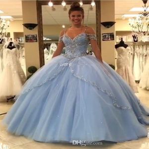2019 Light Sky Blue Ball Robe Quinceanera robes Cap Spaghetti perles de cristal princesse Prom Party Robes Long for Sweet 16 D 333H