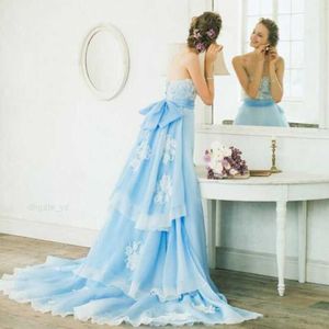 Vestidos de novia de color A de color azul claro 2019 Apliques de encaje sin tirantes de encaje sin tirantes.