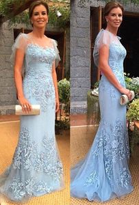 Lichte hemelsblauw Lace Mermaid Lange avondjurken Flare Korte mouwen Tule Applique Formele avondjurken Vestidos BC1332