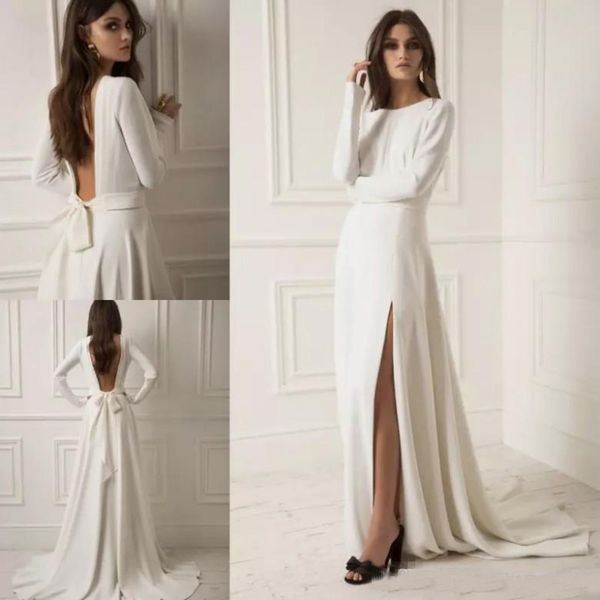 2019 lihi hod Vestidos de novia divididos Mangas largas Vestidos de novia de satén Sin espalda robe de mariee Vestido de novia bohemio de talla grande