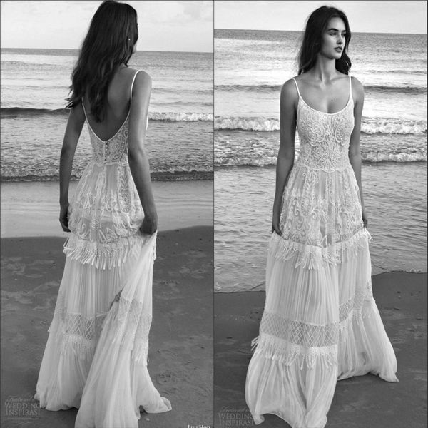 2019 Lilo sin mangas bohemio Lihi Hod Vestidos de novia nupciales Detalles asombrosos Vestidos de boda de playa sin espalda de espagueti Custom Make2270