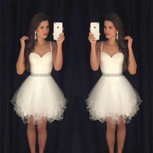 2019 Little White Homecoming Dresses Spaghetti Correas con cuentas Tul Tul Cocktail Vestidos de fiesta Formal Vestidos de fiesta para mujeres 271B