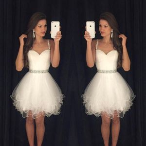 2019 Little White Homecoming Dresses Spaghetti Correas con cuentas Tul Cocktail Vestidos de fiesta Formal Vestidos de fiesta para mujeres 334N