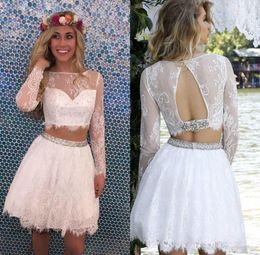 2019 Little White Two -Piece Short Homecoming Dress A Line Lace Juniors Sweet 15 Graduation Cocktail Party Dress Plus Size Custom M9393075