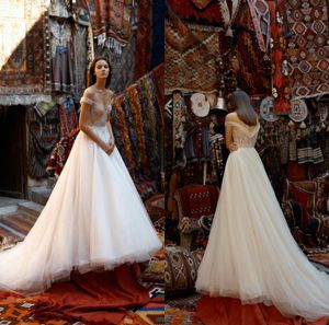 2019 Liz Martinez trouwjurken een lijn off the shoulder sweep trein kralen borduurwerk boho trouwjurk zomer bohemian bruidsjurken